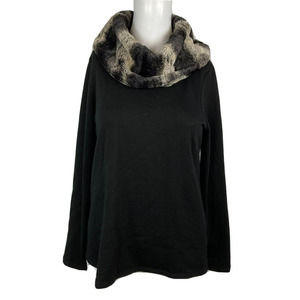 Saks Fifth‎ Avenue Sweater Womens Sz S Black Knit Gray Faux Fur Collar Pullover